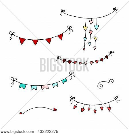 Doodle Valentines Day Garlands Set. Hand-drawn Festoon Isolated On White Background. Color Festive D
