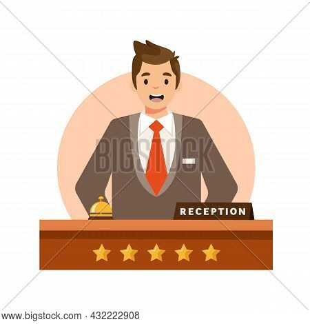 Happy Male Receptionist Standing At Hotel Isolated On White Background. Hotel Reception Concept. Vec