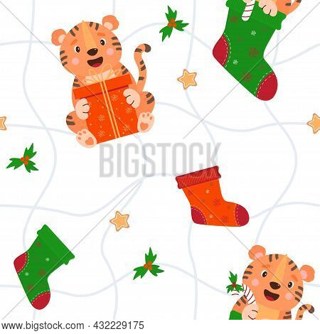 Seamless Pattern With Tiger And New Years Decor. Cute Animal With A Big Gift On A White Background W
