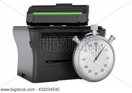 Stopwatch With Multifunction Printer Mfp, 3d Rendering Isolated On White Background