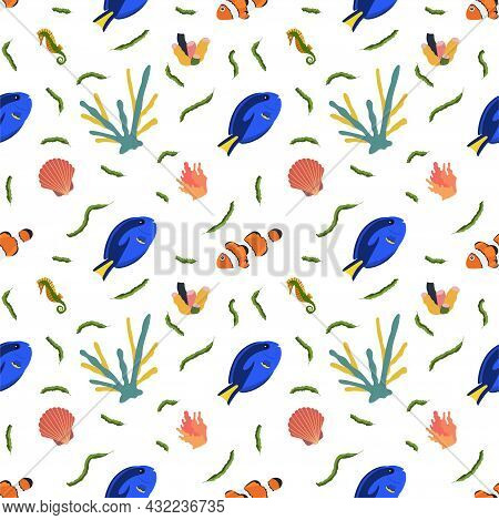 Sea Animal Seamless Pattern With Clownfish And Surgeonfish Coral And Shell. Undersea World Habitants