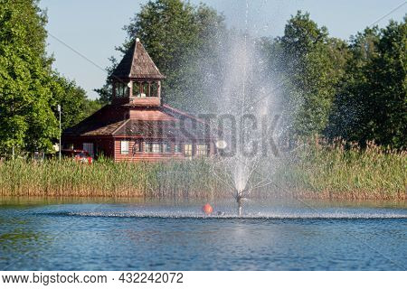 Fountain In Lake Aluksne Near Pilssala On A Sunny Summer Afternoon, Aluksne, Vidzeme, Latvia