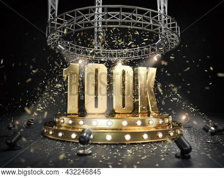 100k followers celebration. Number 100k on the stage with spotlight and confetti. 3d illustration 
