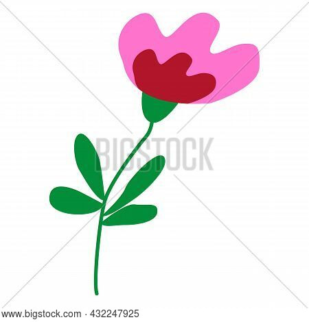 Hand Drawn Abstract Pink And Red Flower With Green Leaves. Cartoon Style. Summer, Spring Or Autumn. 