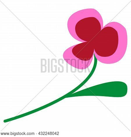Hand Drawn Abstract Pink And Red Flower With Green Leaves. Cartoon Style. Summer, Spring Or Autumn. 