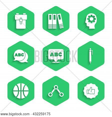 Set Alphabet, Molecule, Hand Thumb Up, Pen, Basketball Ball, Head With Gear Inside And School Backpa