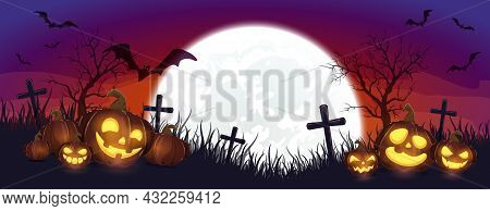 Halloween Pumpkins On Cemetery. Purple Night Background. Banner With Jack O' Lanterns And Bats. Illu