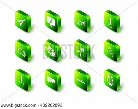 Set Music Note, Tone, Trumpet, Guitar, Triangle, Ancient Lyre, Microphone, Drum And Drum Sticks And 