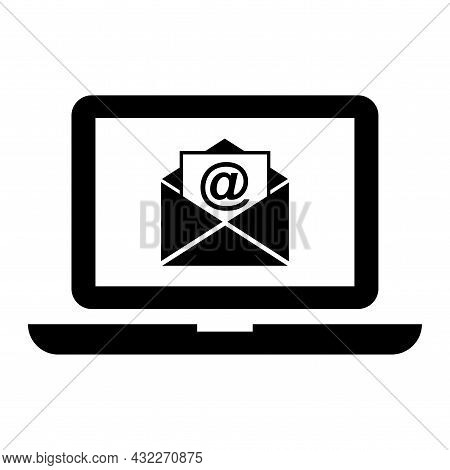 Laptop Open Email Icon. Message Emblem. Information Background. Computer Technology. Vector Illustra