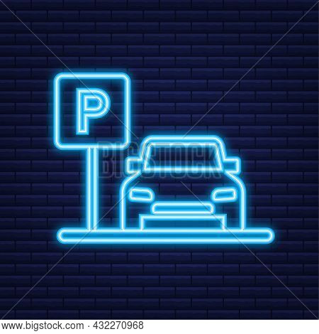 Template With Parking. Logo, Icon, Label. Parking On White Background. Neon Icon. Web Element. Vecto