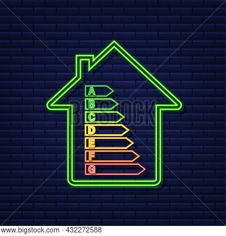 Energy Efficiency Chart And House Concept. Home Icon Vector. Solar Power. Green Home. Neon Icon. Vec