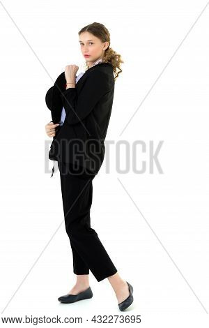 Beautiful Girl In Elegant Black Suit And Hat. Full Length Shot Of Charming Young Girl Wearing Elegan