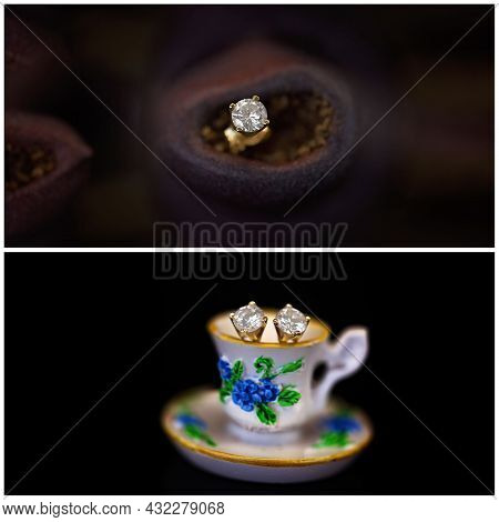 Collage Of Diamond Stud Earrings, One In A Gum Nut And The Pair In A Miniature Cup And Saucer