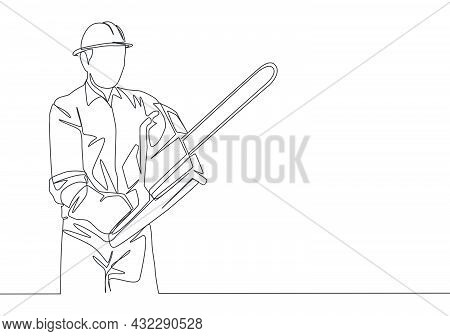 One Continuous Line Drawing Of Young Attractive Woodworker Holding Big Chainsaw To Cut The Tree. Lum