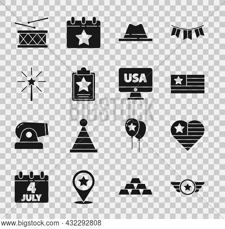 Set Star American Military, Usa Independence Day, Flag, Man Hat With Ribbon, Firework, Drum And Drum