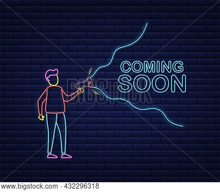 Megaphone Label With Coming Soon. Neon Style. Megaphone Banner. Web Design. Vector Stock Illustratio