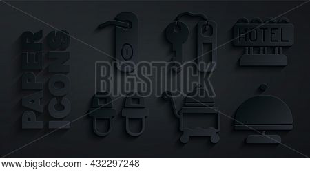 Set Covered With Tray, Signboard Text Hotel, Slippers, Door Lock Key And Door Handle Icon. Vector