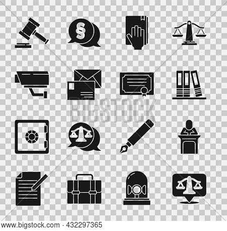 Set Scales Of Justice, Judge, Office Folders, Oath On The Holy Bible, Envelope, Security Camera, Gav