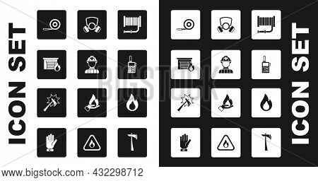 Set Fire Hose Reel, Firefighter, In Burning Garage, Walkie Talkie, Gas Mask, Flame And Axe Icon. Vec