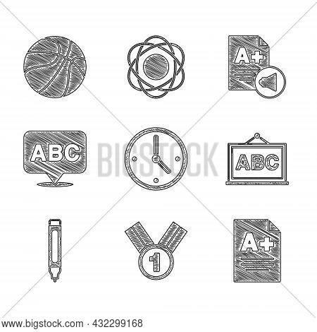 Set Clock, Medal, Exam Sheet With A Plus Grade, Chalkboard, Marker Pen, Alphabet, And Basketball Bal
