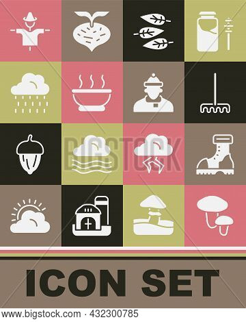 Set Mushroom, Waterproof Rubber Boot, Garden Rake, Leaf Or Leaves, Bowl Hot Soup, Cloud With Rain, S