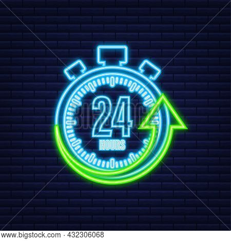 24 Hours Clock Arrow. Neon Icon. Work Time Effect Or Delivery Service Time. Vector Stock Illustratio