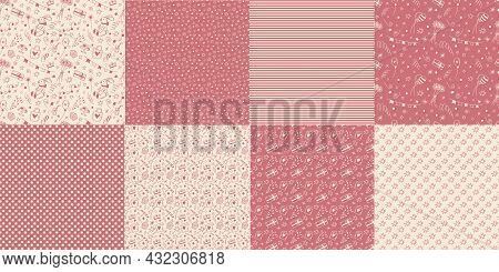 Set Of Vector Doodle Birthday Seamless Patterns In Pink And Champagne Colors. Cute Cartoon Vector Ba
