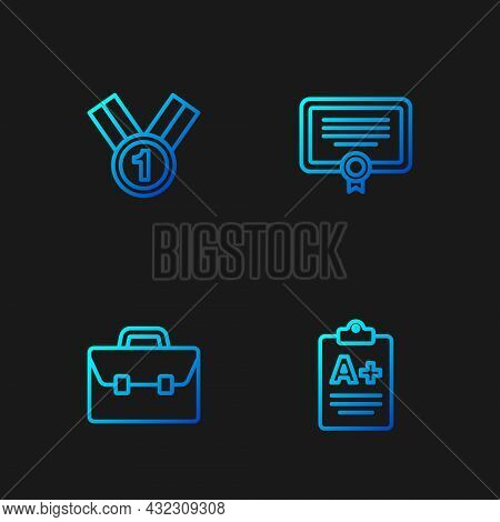 Set Line Exam Sheet With A Plus Grade, Briefcase, Medal And Certificate Template. Gradient Color Ico