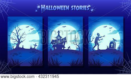 Halloween Night Backgrounds, Illustrations In Blue Colors. Collection. Glowing Moon, Zombie, Witch H