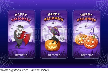 Happy Halloween. Cartoon Illustrations Templates For Stories. Collection. Vampire, Cat, Pumpkins
