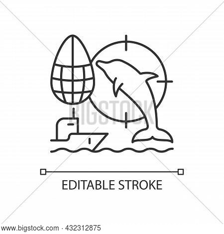 Dolphin Drive Hunting Linear Icon. Drive Dolphins With Boat To Shore And Kill. Fishing Method. Thin 