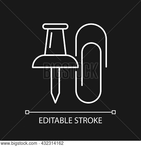 Pins And Paper Clips White Linear Icon For Dark Theme. Binding Paper Sheets Together. Thin Line Cust