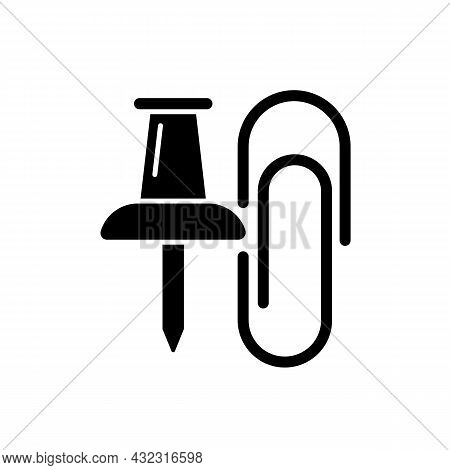 Pins And Paper Clips Black Glyph Icon. Office Supplies. Binding Paper Sheets Together. Hanging Notes