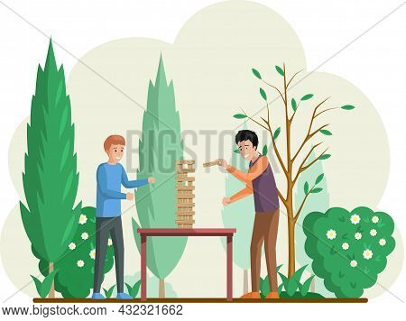 Children Playing Board Game Jenga Standing In Garden Or Backyard. Cute Kids, Friends, Siblings Enjoy