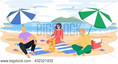 People Relaxing On Sun Under Beach Umbrella With Board Game On Vacation, Sunbathing And Playing Jeng