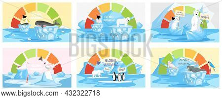 Global Warming, Environment Pollution, Global Warming Heating Impact. Change Climate. Penguins And P