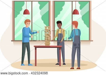 Man Playing Jenga At Home Together. People With Board Game Indoor. Male Character Is Playing With Lo