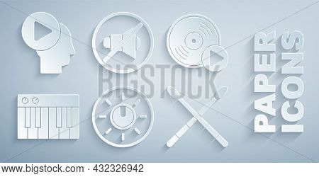 Set Dial Knob Level Technology Settings, Vinyl Disk, Music Synthesizer, Drum Sticks, Speaker Mute An