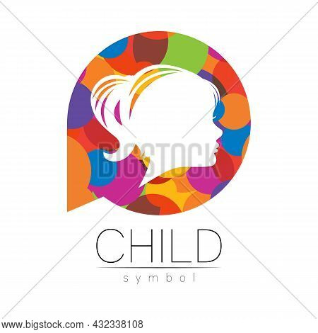 Child Girl Vector Logotype In Rainbowcolor Circle. Silhouette Profile Human Head. Concept Logo For P