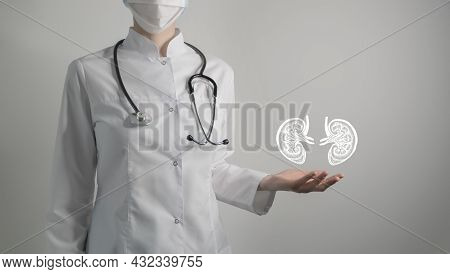 Kidney Issues Medical Concept. Photo Of Female Doctor, Empty Space.
