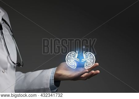Kidney Issues Medical Concept. Photo Of Female Doctor, Empty Space.