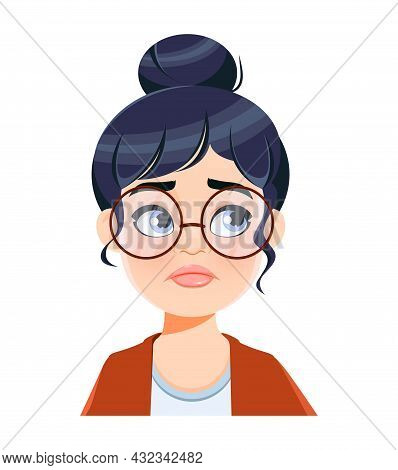 Face Expression Of Beautiful Woman, Disappointed. Emotion Of Female Teacher. Cute Cartoon Character 