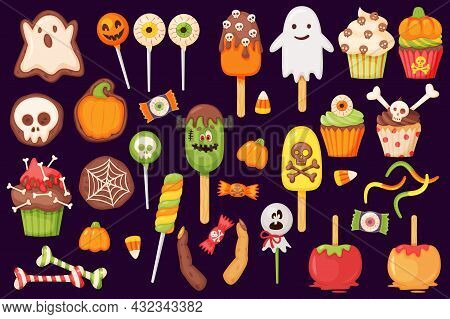 Cartoon Halloween Candies And Sweets, Lollipops And Cupcakes. Caramel Apple, Pumpkin And Ghost Cooki