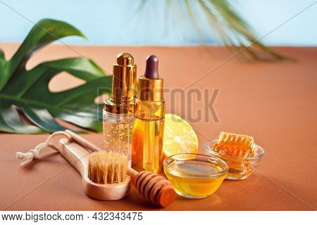 Bath And Beauty Spa Personal Hugiene Accessories On The Brown Background