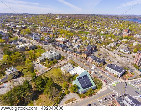 Massachusetts Avenue Aerial View Including First Parish Unitarian Universalist Church And Town Hall 