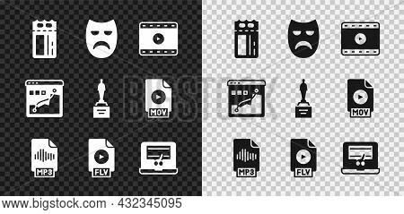 Set Cinema Ticket, Drama Theatrical Mask, Play Video, Mp3 File Document, Flv, Recorder On Laptop, Hi