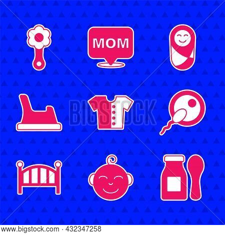 Set Baby T-shirt, Little Boy Head, Yogurt In Bottle With Spoon, Sperm, Crib Cradle Bed, Potty, Newbo