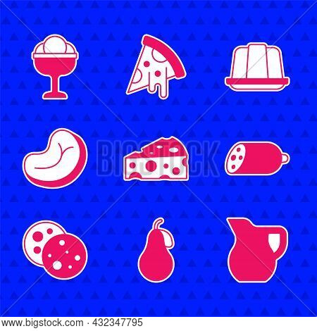 Set Cheese, Pear, Jug Glass With Milk, Salami Sausage, Cookie Chocolate, Steak Meat, Jelly Cake And 