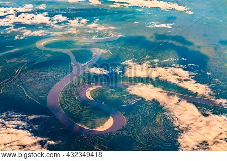Aerial View Of The Amazon River In Peru, South America