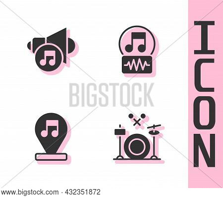 Set Drums, Speaker Volume, Music Note, Tone And Icon. Vector